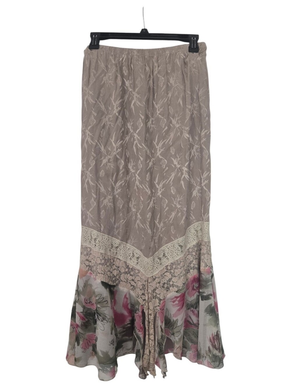 Spencer Alexis -Floral Lace-Trim Maxi Skirt - Taupe and Pink